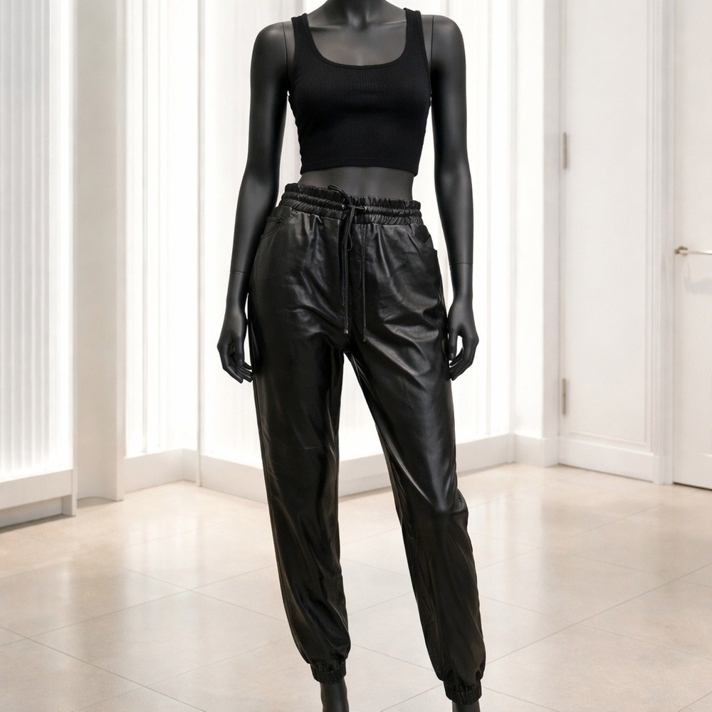 Express Womens Black Faux Leather High Rise Jogger Pants Sz Med Drawstring Edgy
